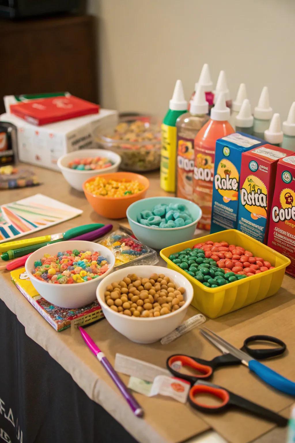A setting complete with art supplies and a diverse selection of grains, all ready for crafting grain-inspired artwork.