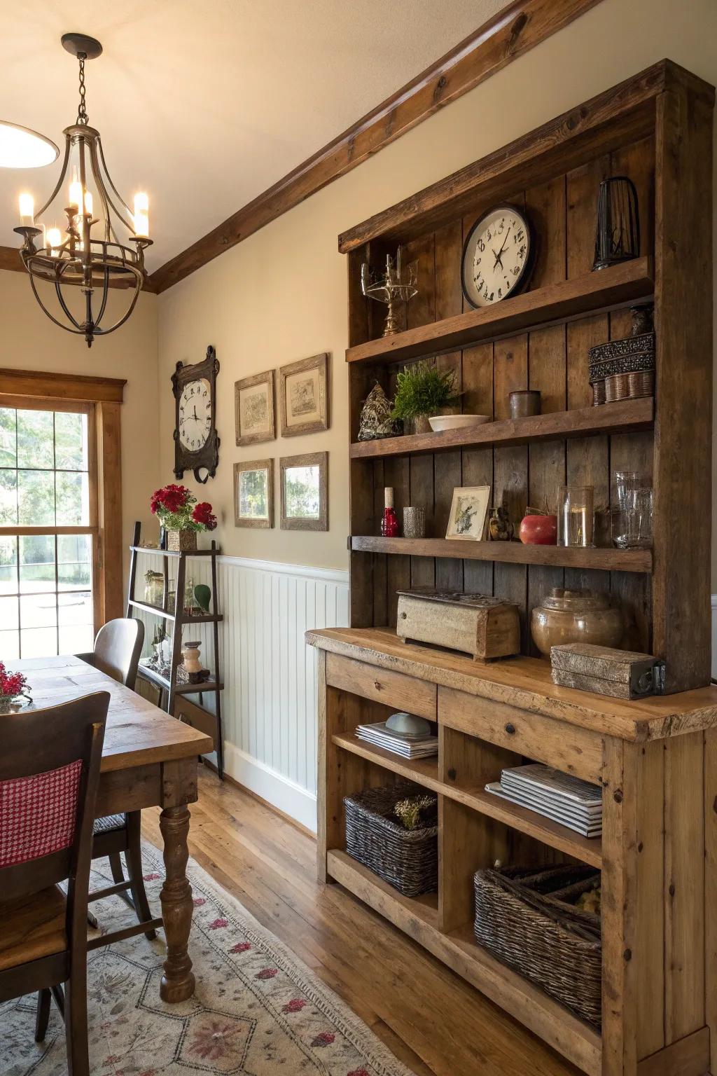 Rustic appeal through salvaged wood shelves.