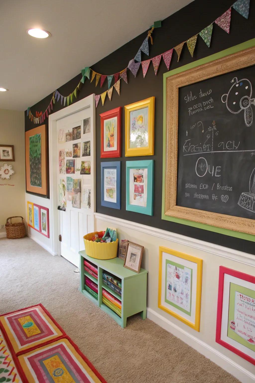 Framed chalkboard sections promote individual creativity.
