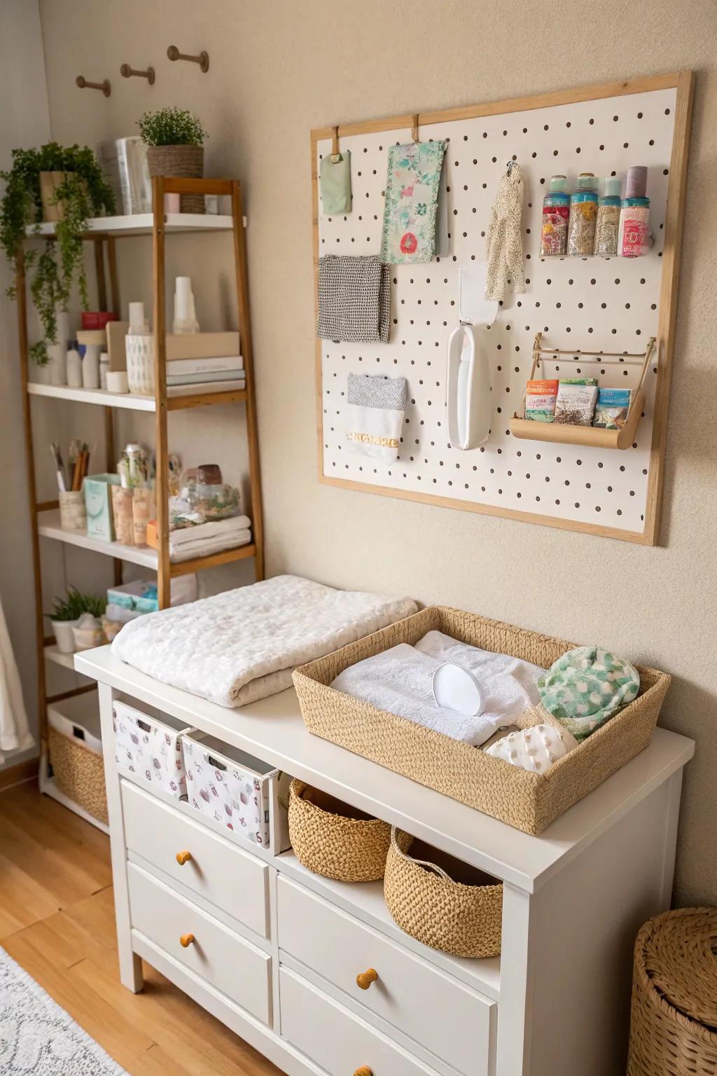 Wall-mounted storage keeps essentials organized and within reach.