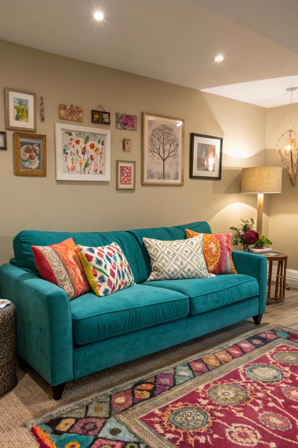 A boldly colored couch serves as the centerpiece in a stylish living space.