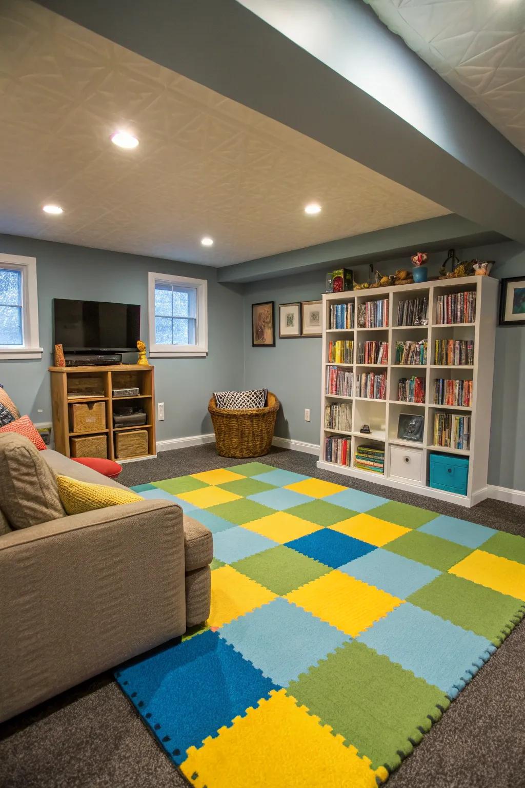 Carpet tiles provide a soft and comfortable flooring option for family basements.