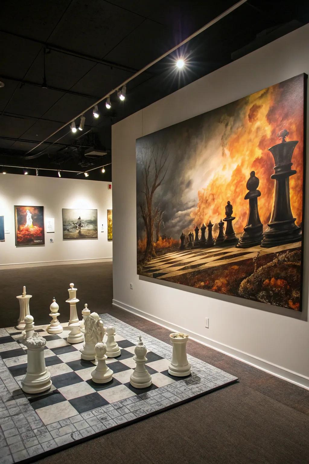 Dramatic compositions render chess paintings truly unforgettable.