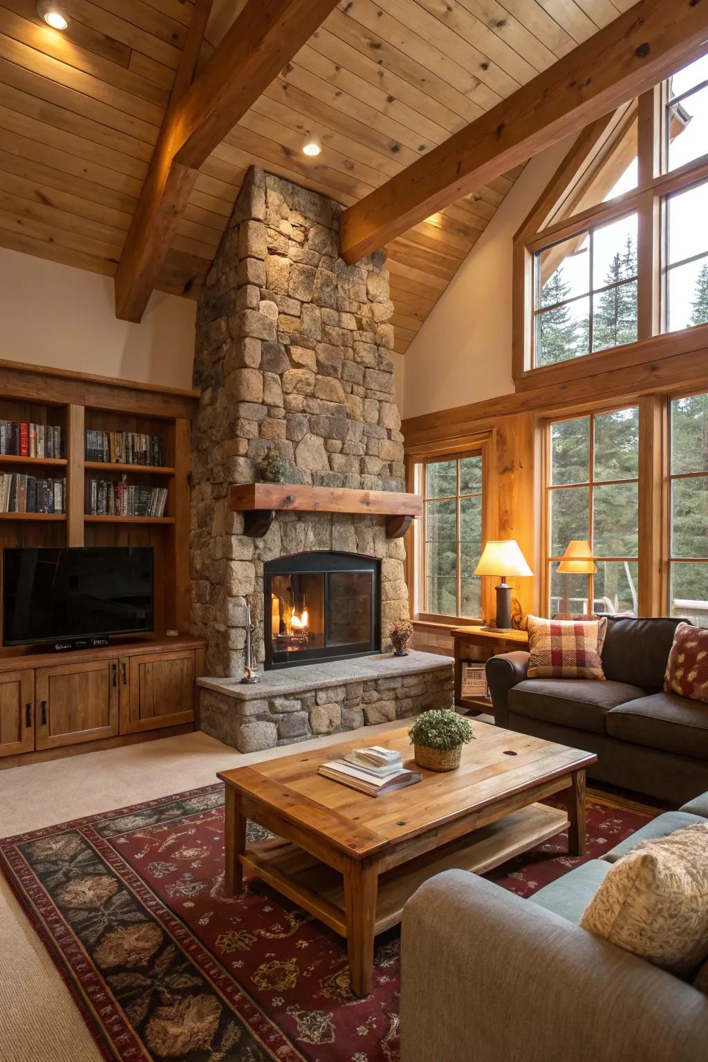 Untreated timber accents bring coziness and country-style charm to this welcoming interior.