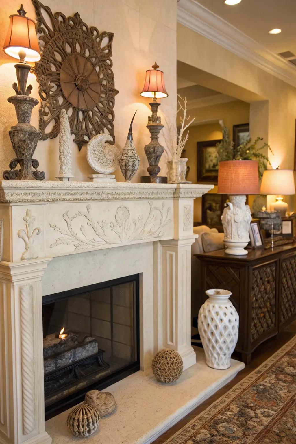 Sculptures displayed on the mantel enhance artistic depth and visual interest.