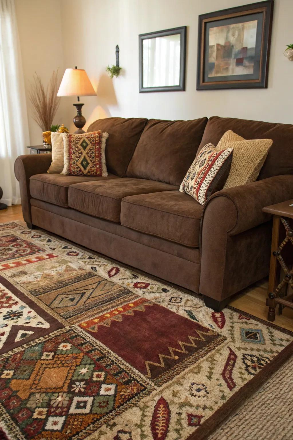 Layered floor rugs provide texture and warmth under a cocoa sofa.