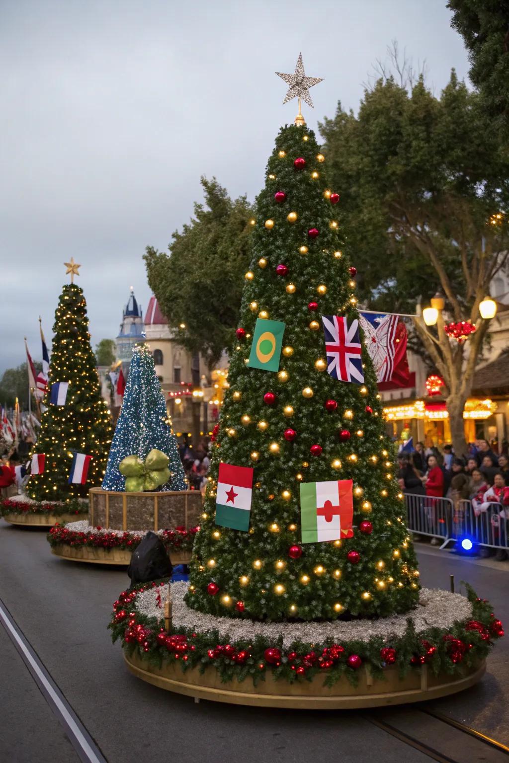 Worldwide Christmas Trees float featuring globally themed decorations.