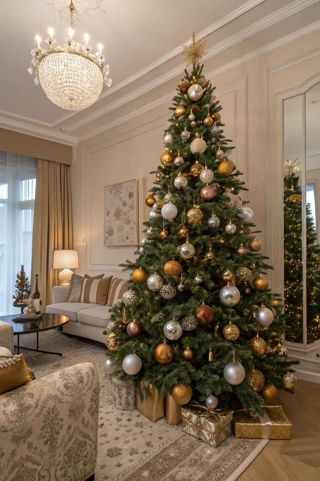 A dazzling metallic bauble tree that radiates with festive sophistication.
