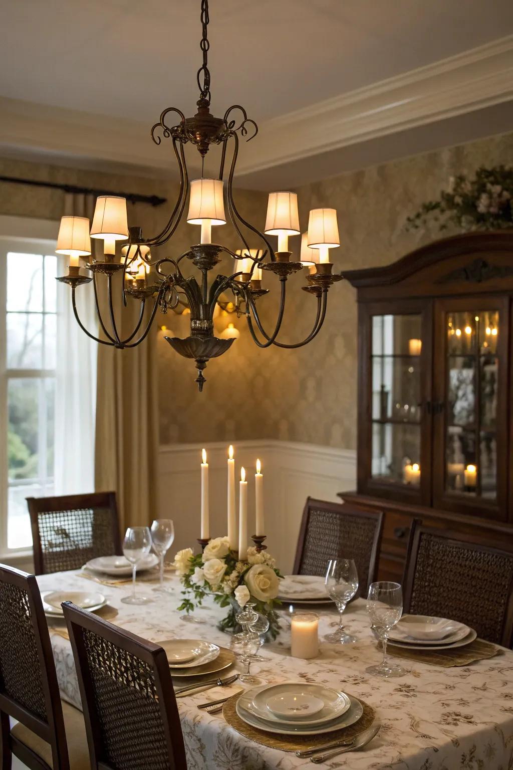 Wax lights on a chandelier proffer a toasty and inviting atmosphere.