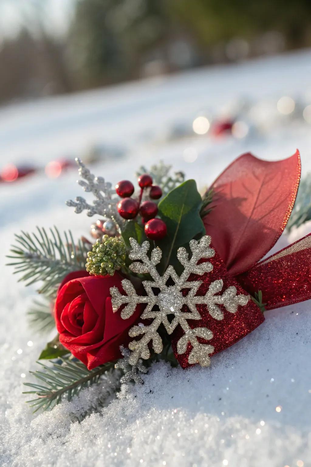A whimsical Christmas posy adorned with shimmering ice crystals.