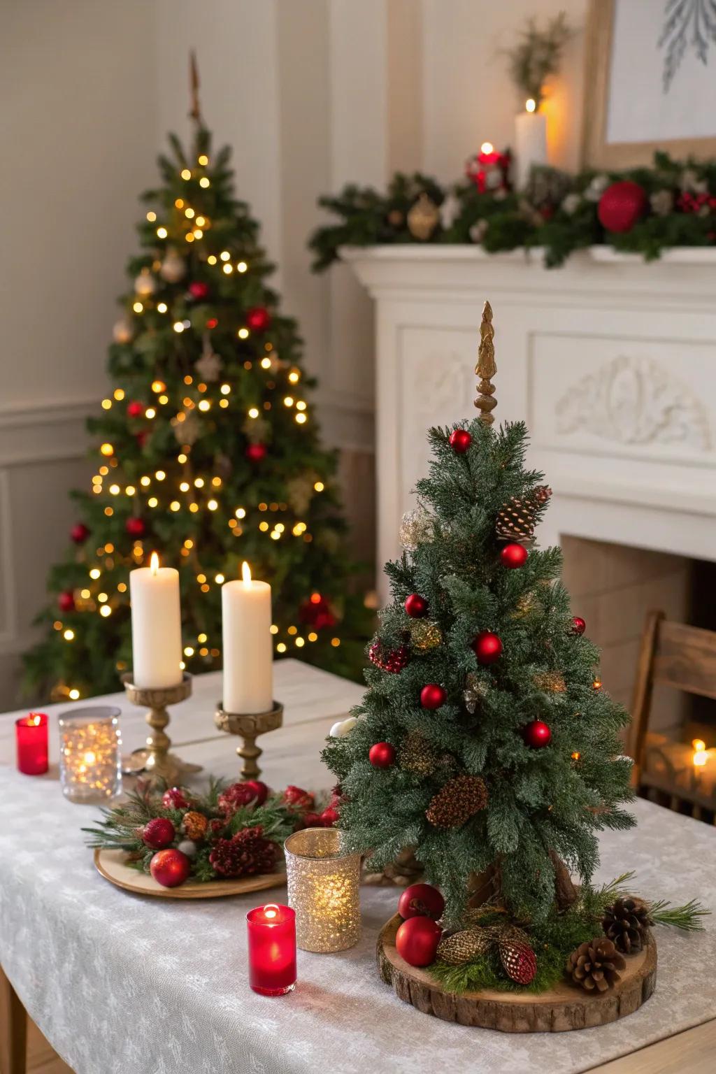 Elevated surface Christmas evergreens lending a festive nuance to a diminutive space.