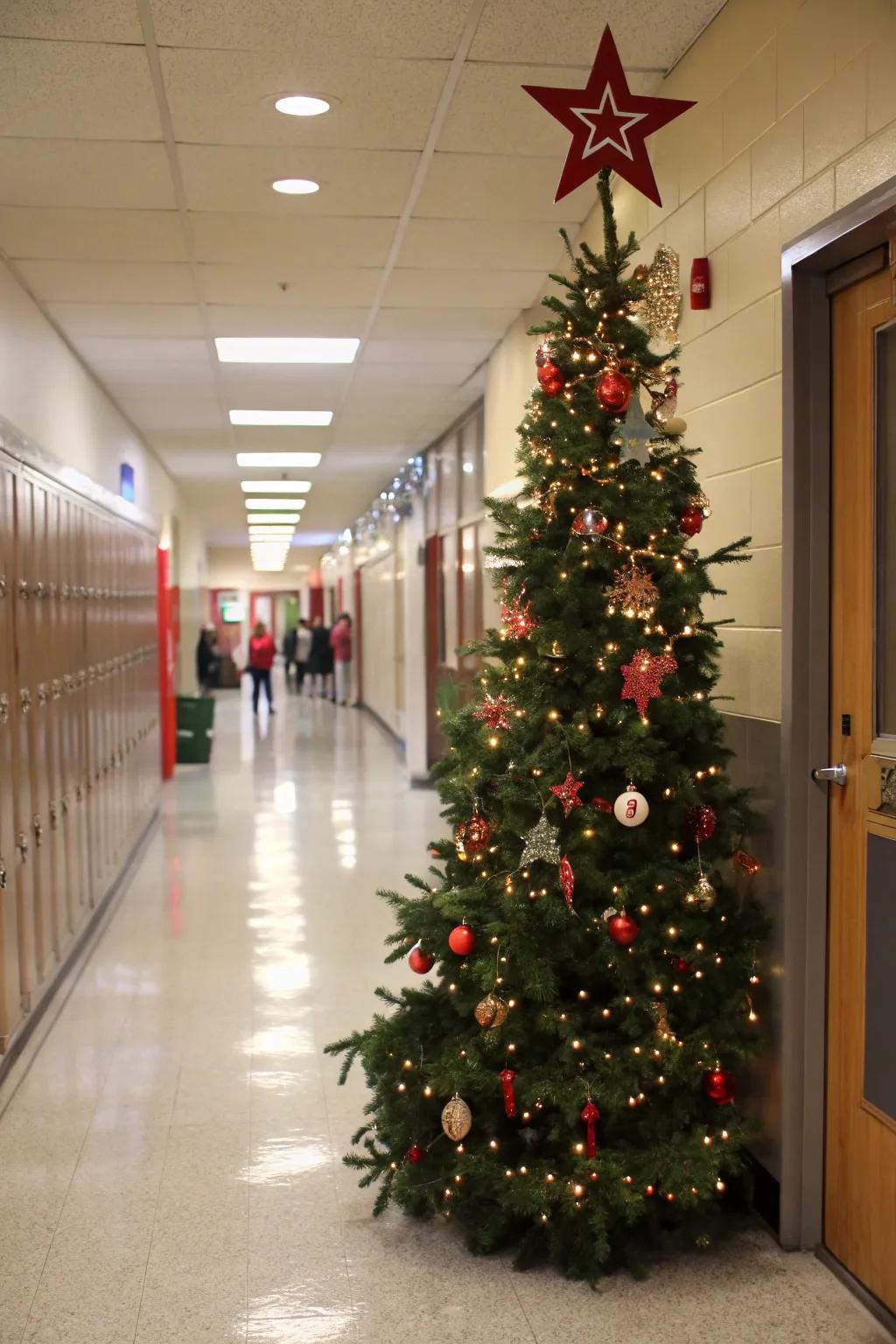 A quintessential yuletide arboreal adorns this school portal.