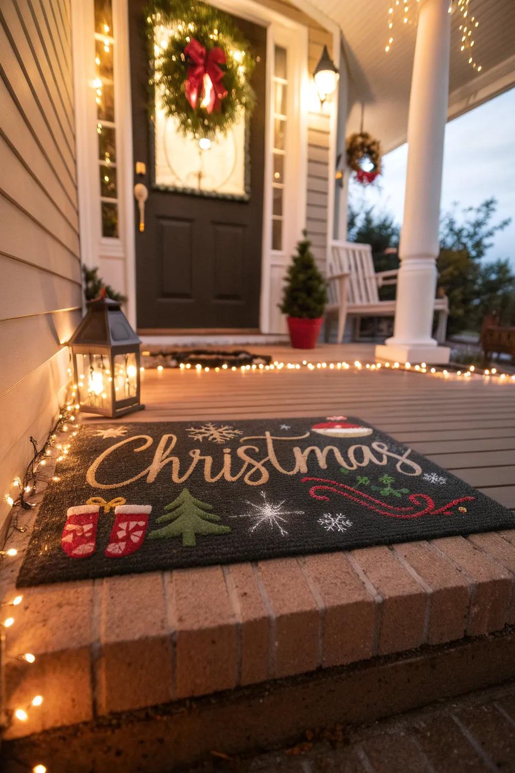 A bespoke doormat welcoming guests with holiday cheer.