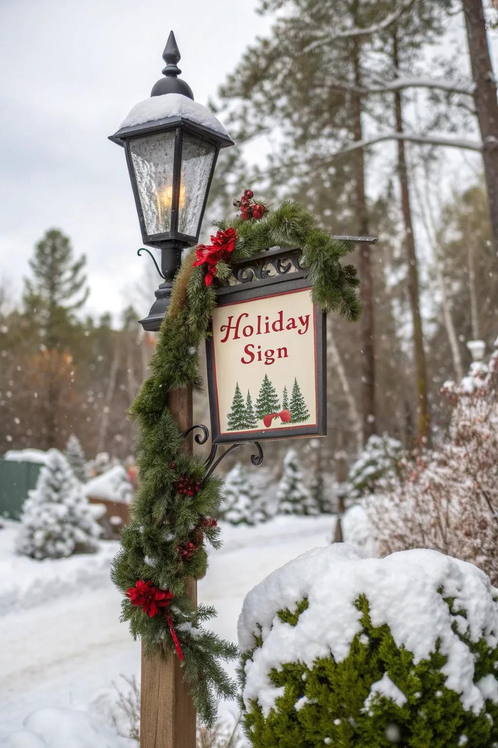 A festive sign disseminates holiday happiness on a lamp post.