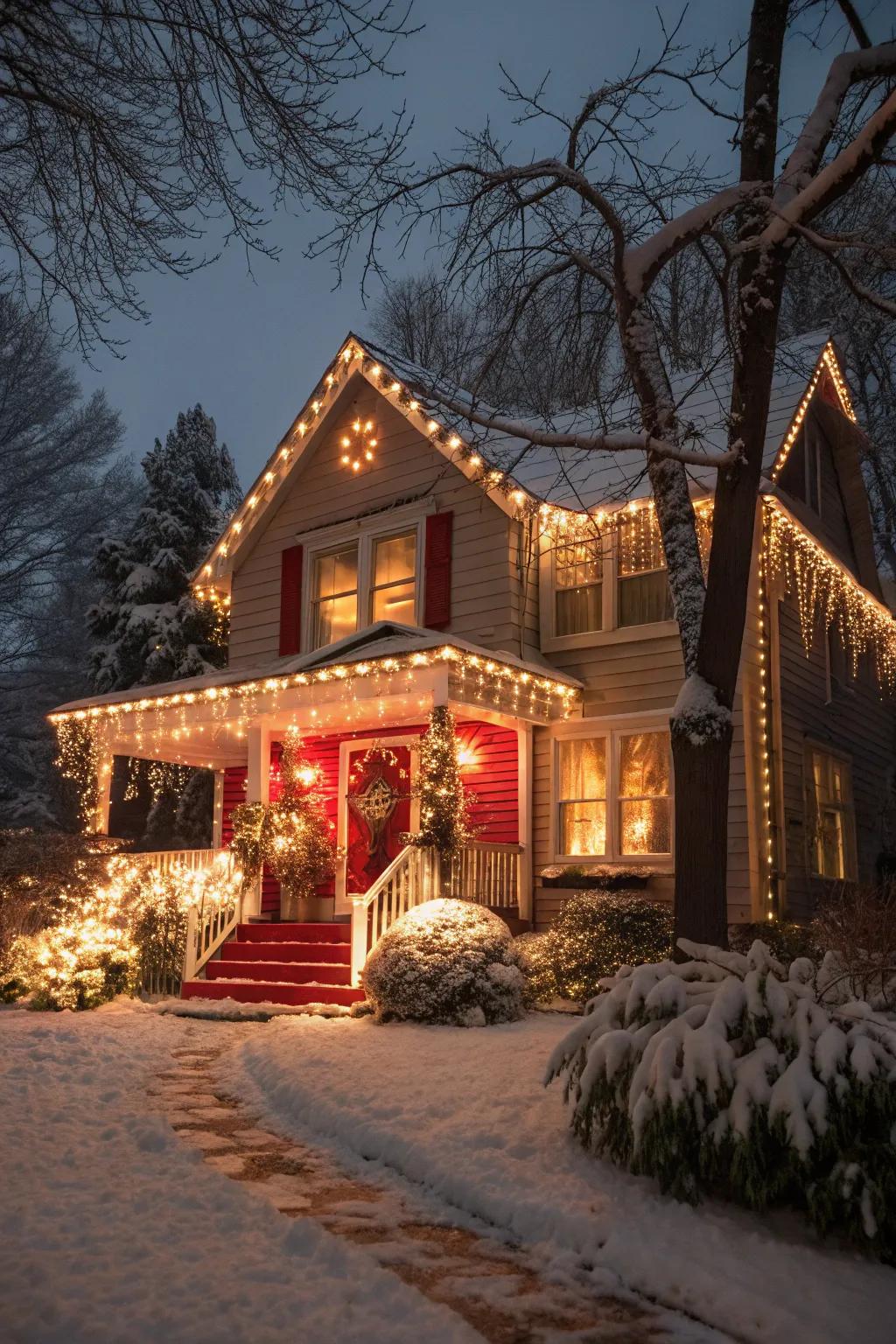 A vibrant blend of warm white and crimson festive lights decorating a home.