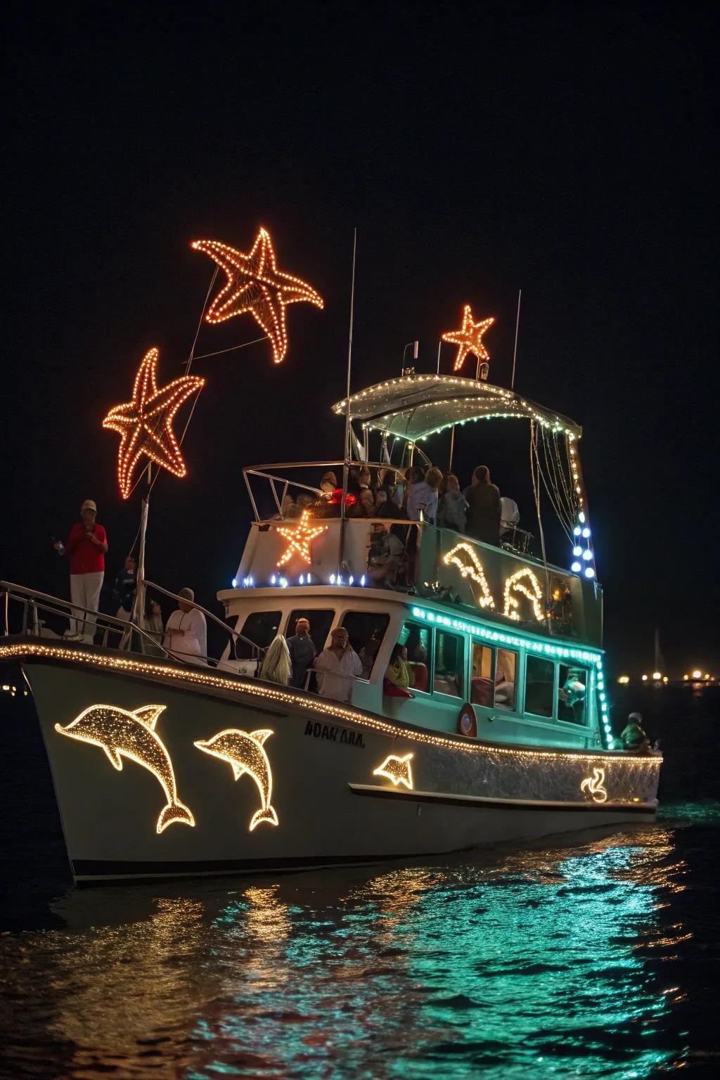 A creative amalgamation of marine life and holiday illuminations, enchanting onlookers.