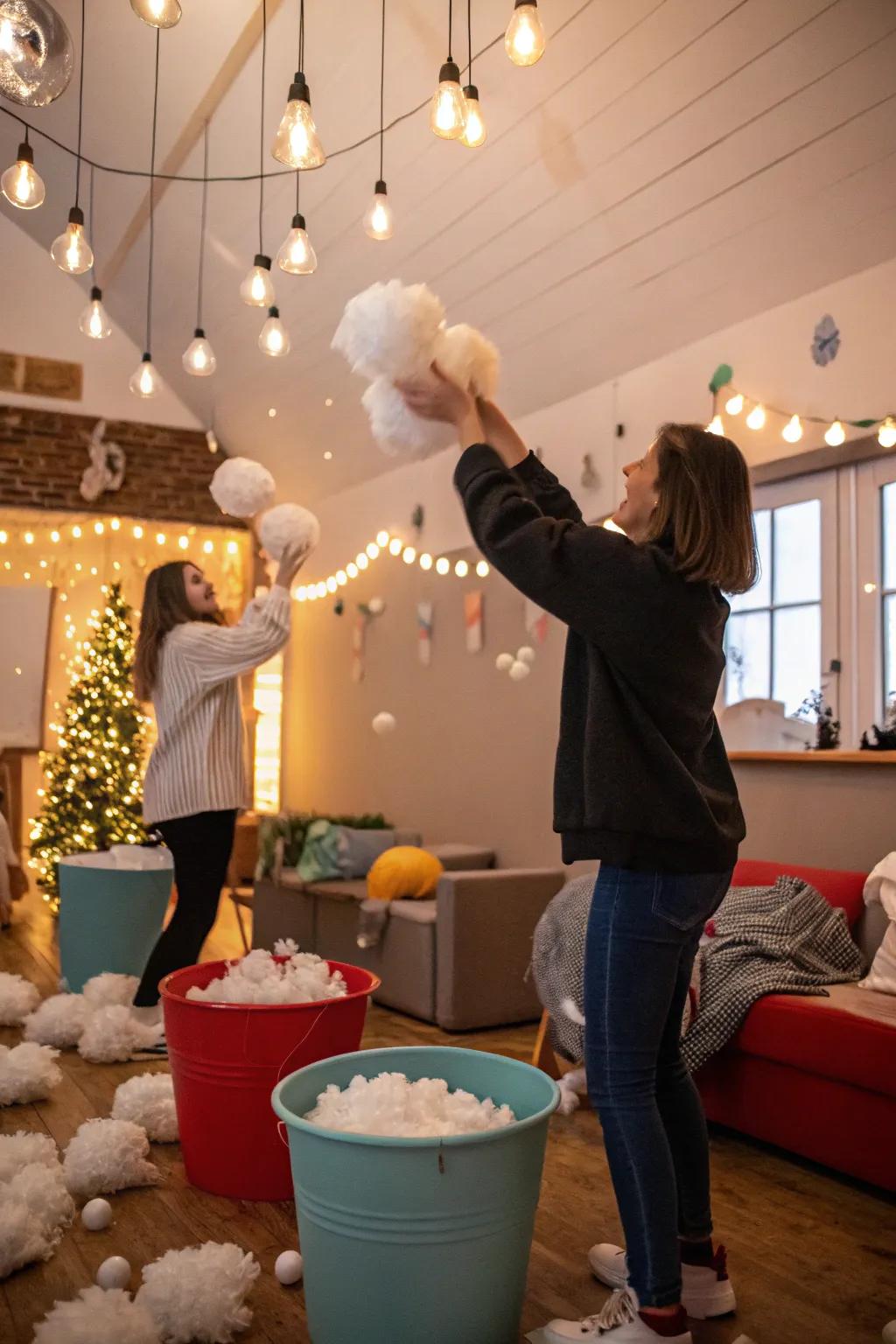 An indoor snow projectile toss injecting thrill into the jubilations.