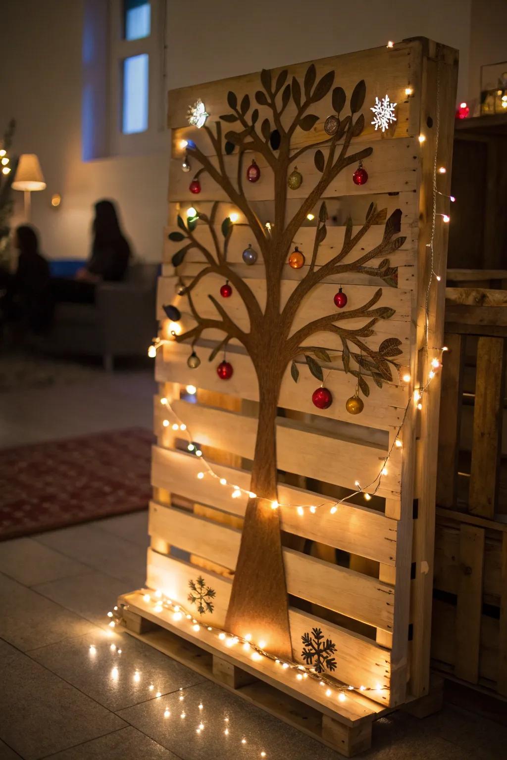 Enchant your space with illuminated pallet art.