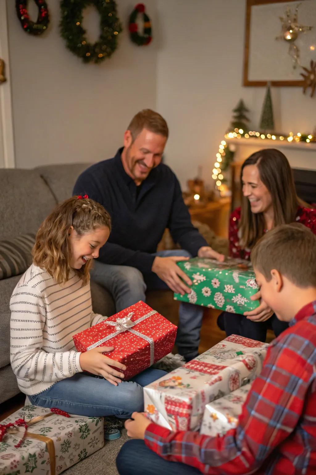 The happiness of giving captured through beautifully wrapped gifts and joyous expressions.