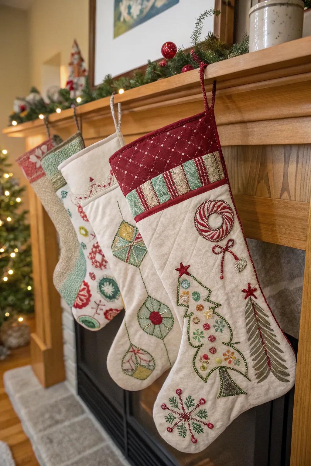 DIY handcrafted elements make each stocking a distinctive masterpiece.