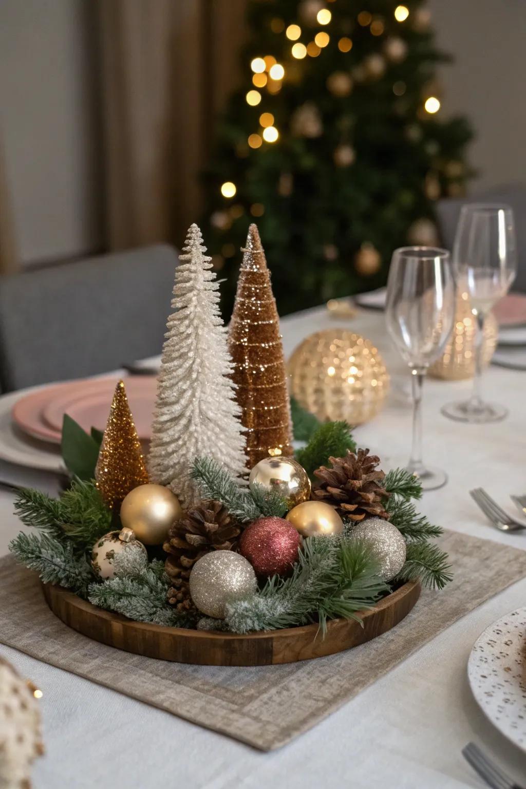 Decorations and miniature trees craft an impressive focal adornment.