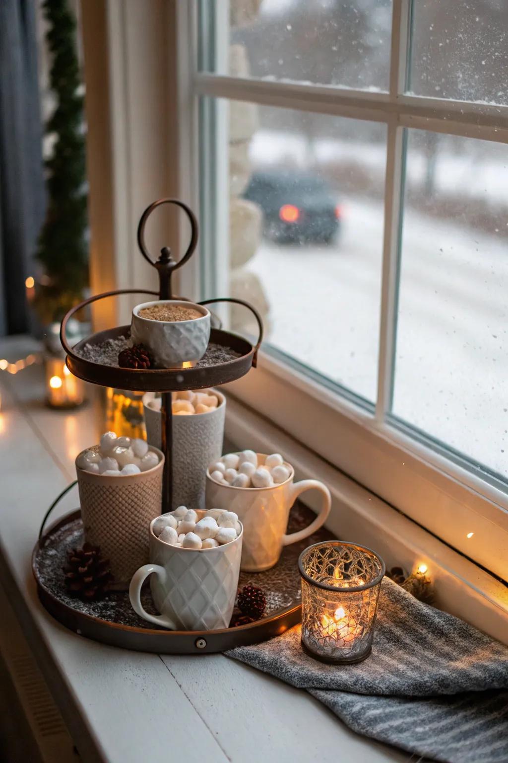 A warm and inviting warm drink station on a multi-level display.