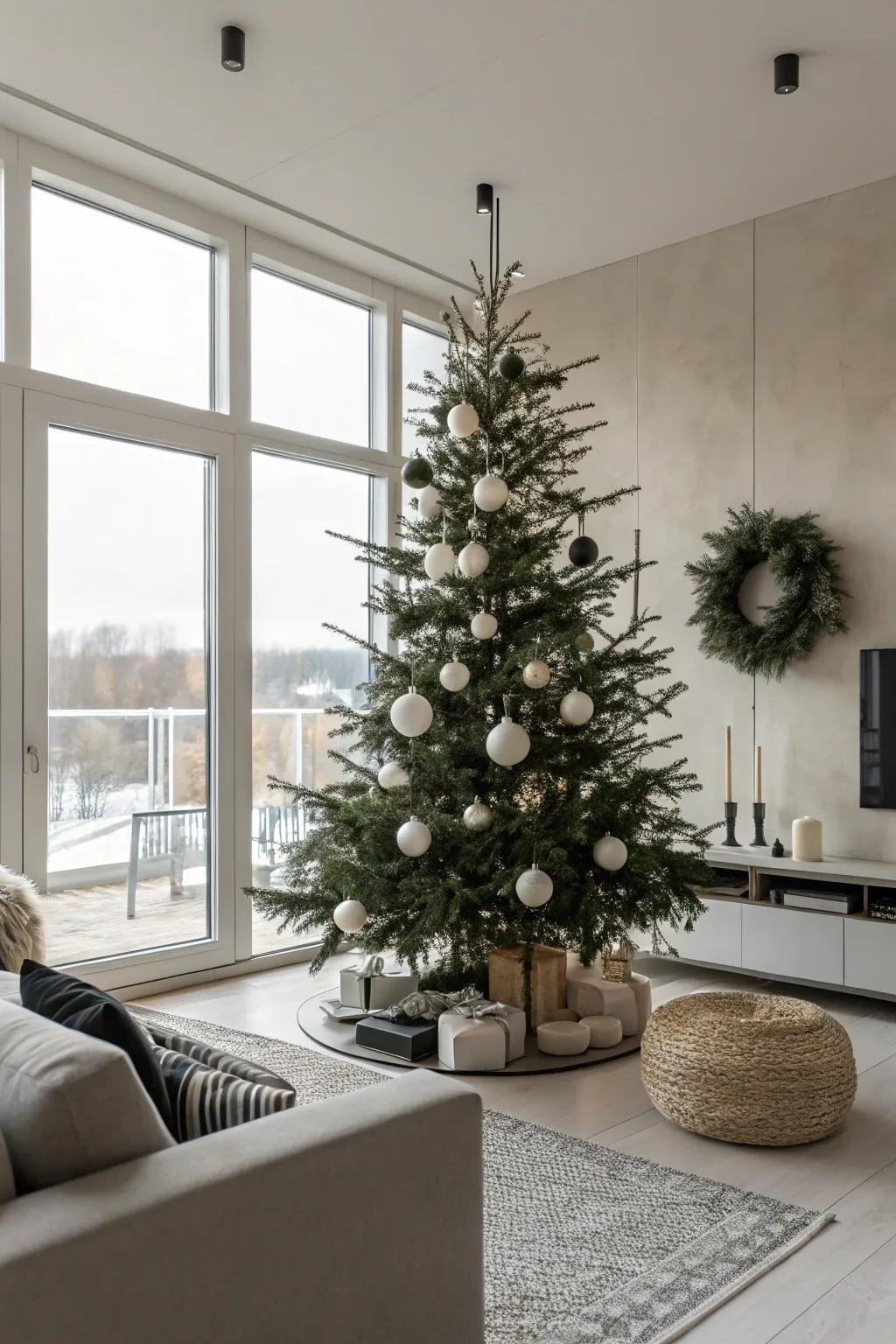 A trim and contemporary spare Christmas tree.
