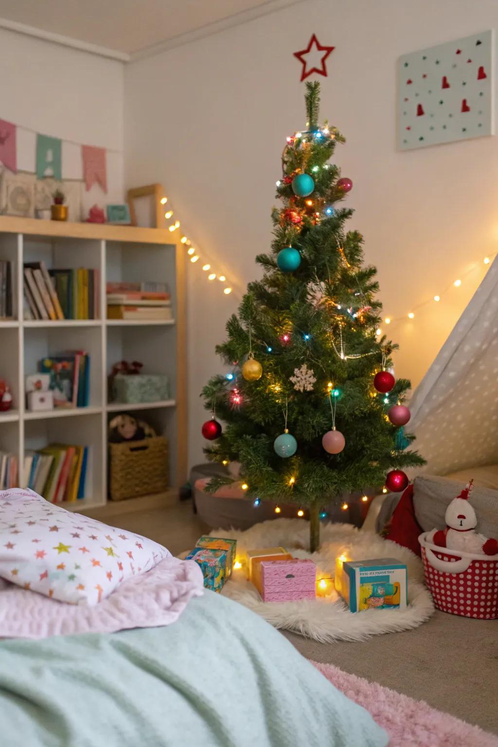 A tiny Christmas tree in a child's bedroom.