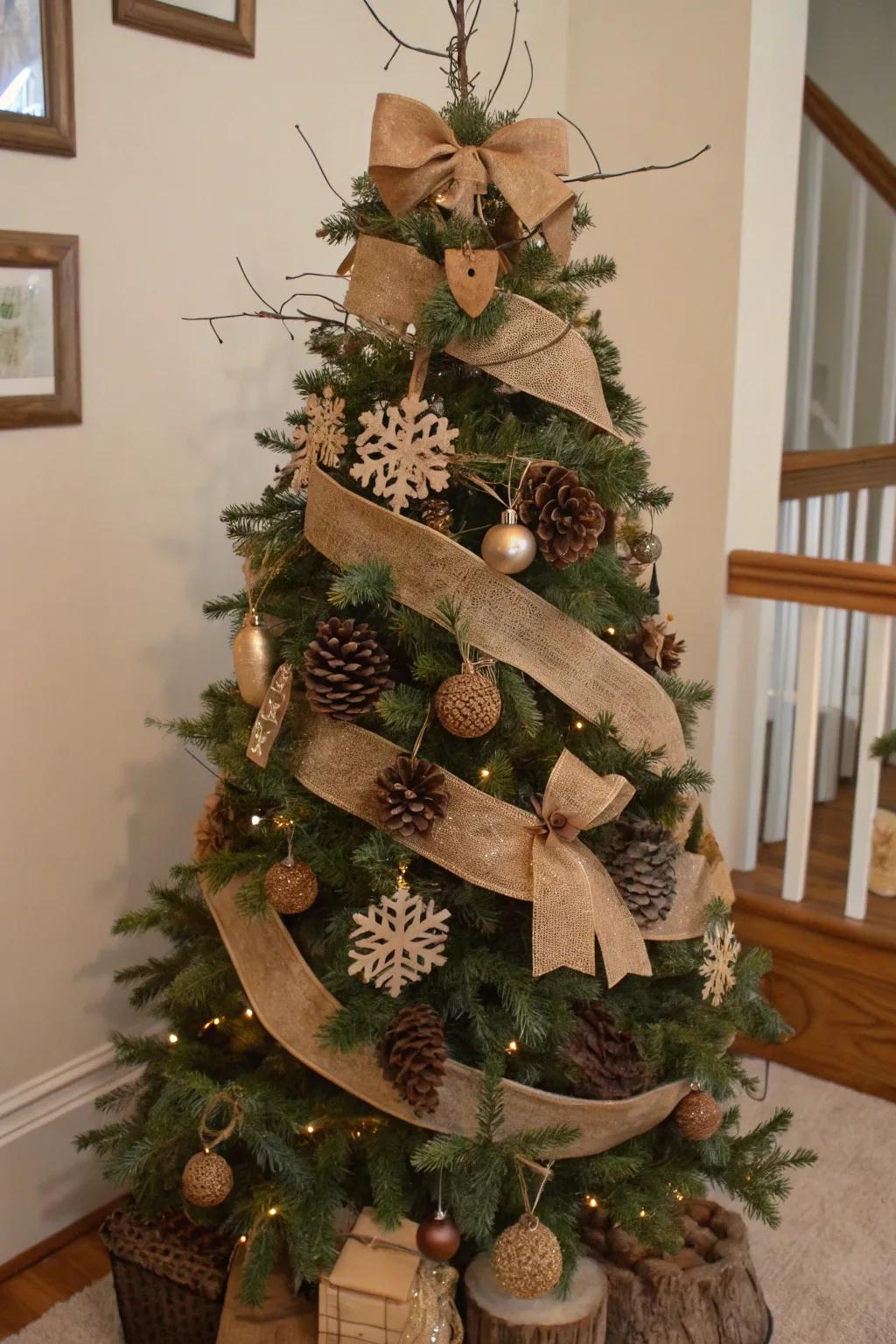 A Christmas tree decorated with hessian wraps and natural elements, evoking an agrarian, country-style grace.