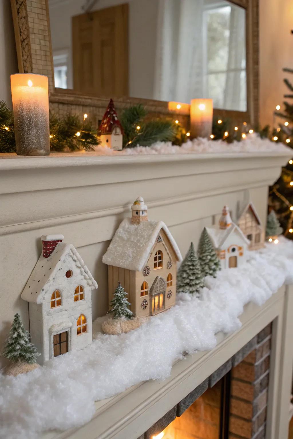 A snug snowy hamlet tableau displayed upon a fireplace mantelpiece.