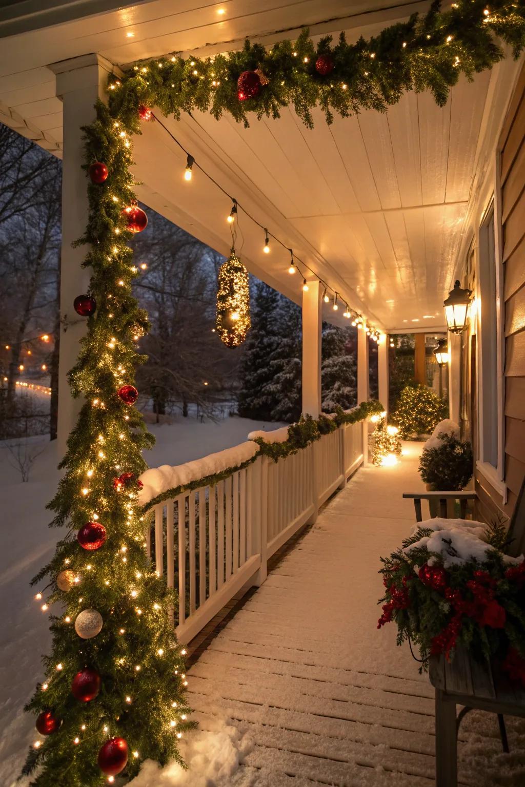 A porch tastefully embellished with strands and decorative balls.