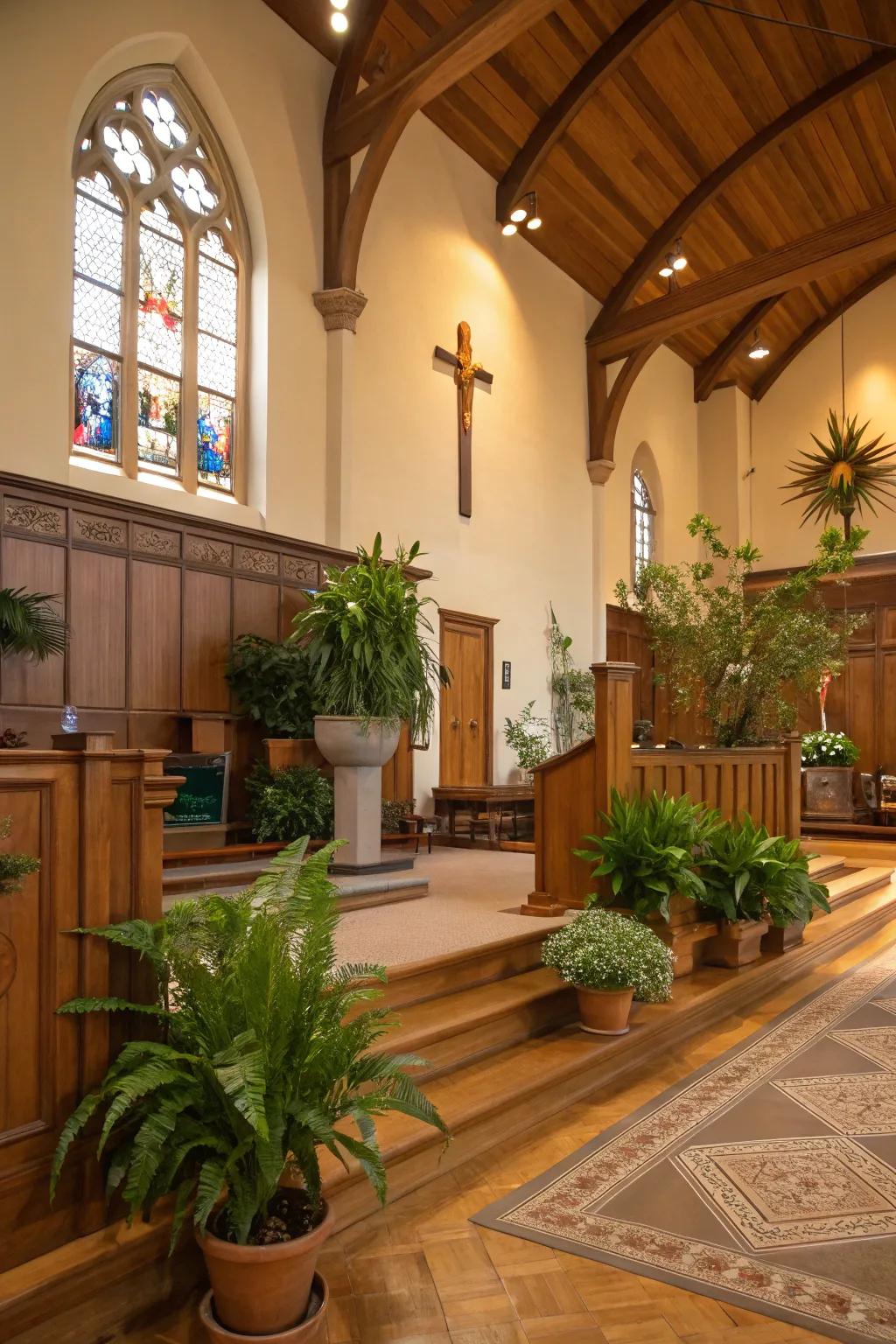 Church interior showcasing organic wooden features and potted flora.