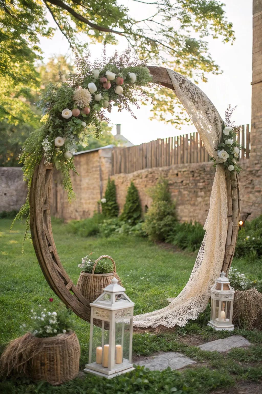 A rustic circle arch radiating vintage appeal with burlap and lace.