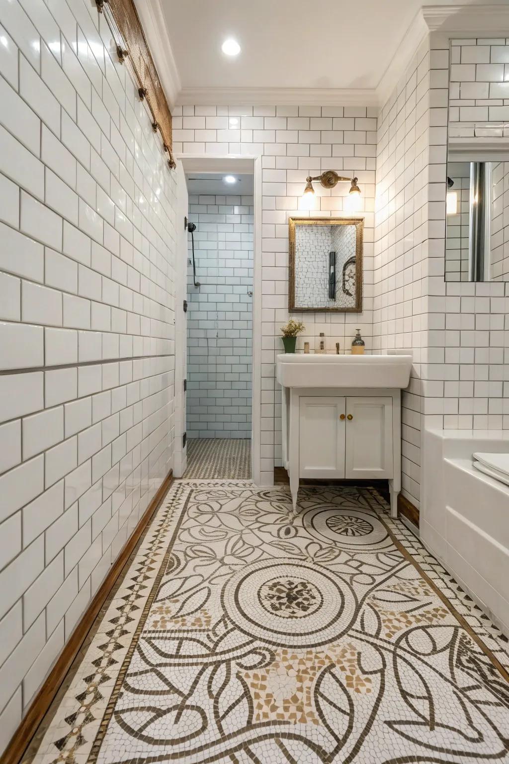 Rectangular tiles coupled with detailed mosaic flooring.