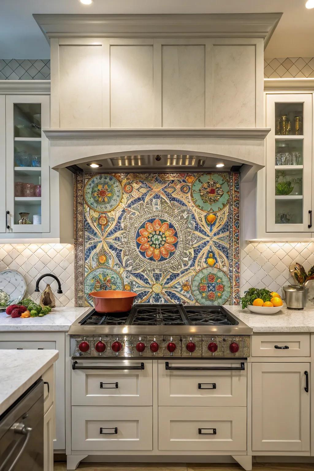 A detailed backsplash crafts a remarkable center point in this kitchen.