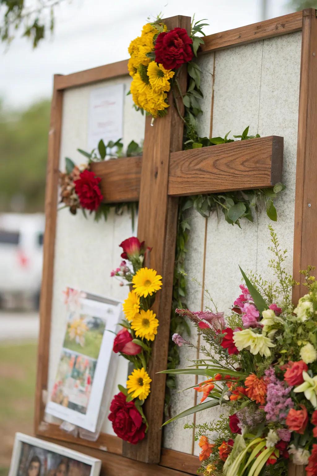 An Easter board with a spiritual theme centering around a cross and flowers.