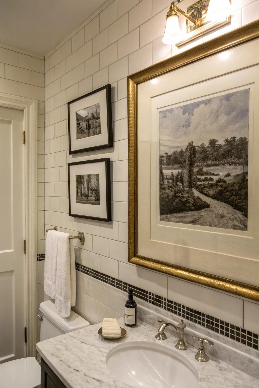 A bathroom space adorned with encased photographic art for a classic stylish touch.