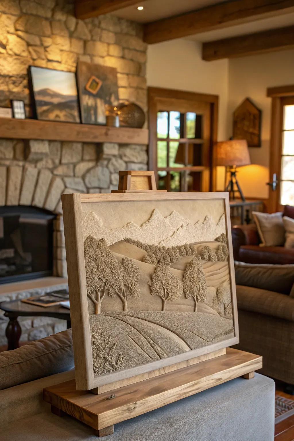 Textured terrain clay impression, presenting a serene view of the countryside.