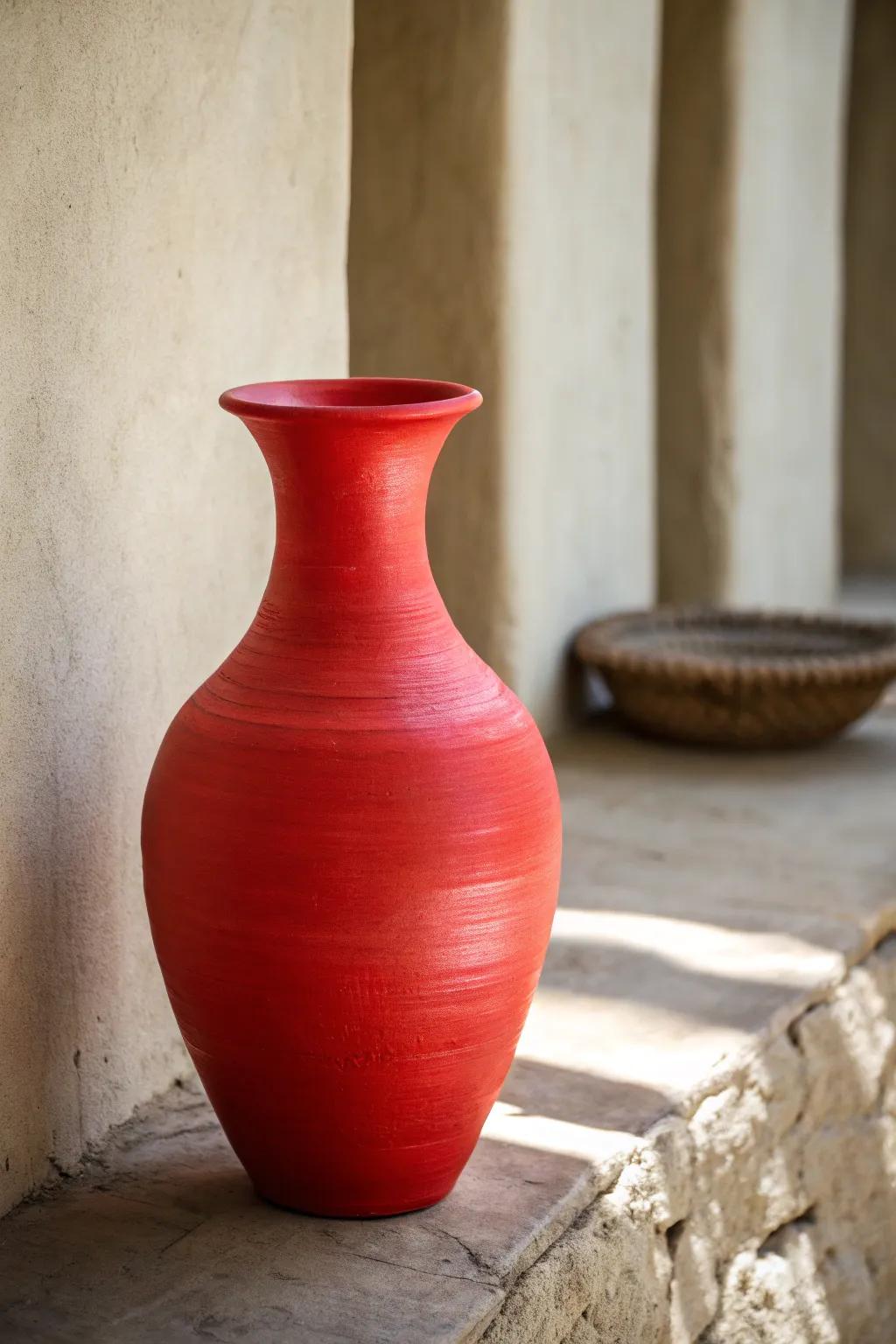 A vibrant red earthenware vase offering a burst of color within a neutral setting.