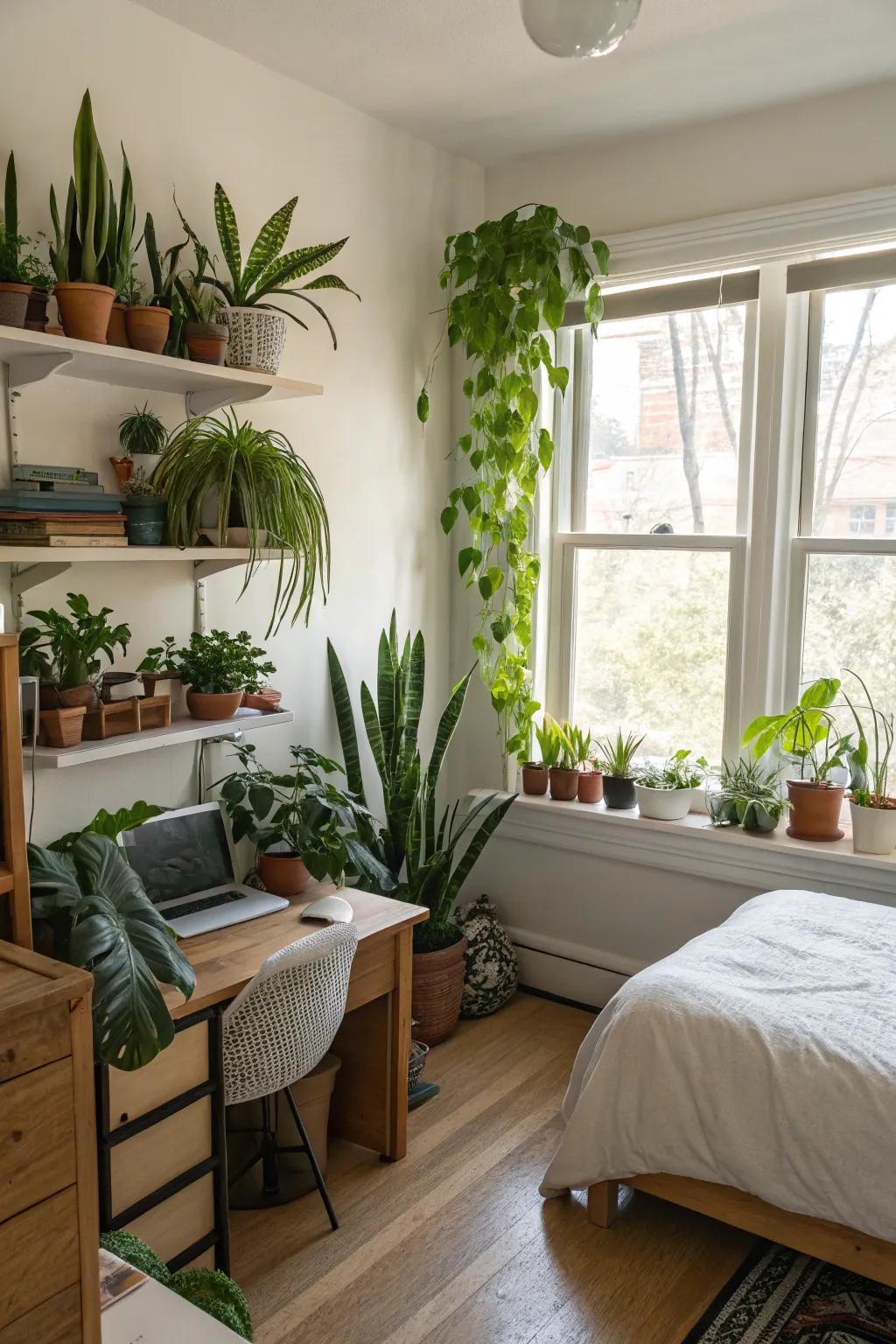Indoor plants inject freshness and vibrancy into a tidy bedroom.