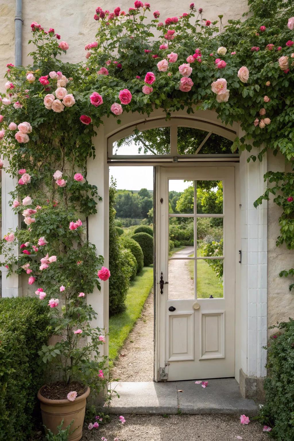 An entrance adorned with roses lends an inviting essence to every abode.