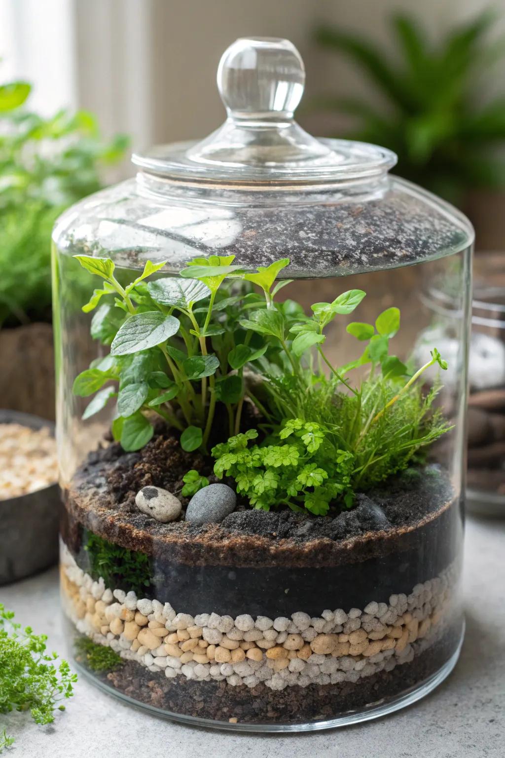 A tiered earthscape terrarium, spotlighting nature’s elaborate artistry.