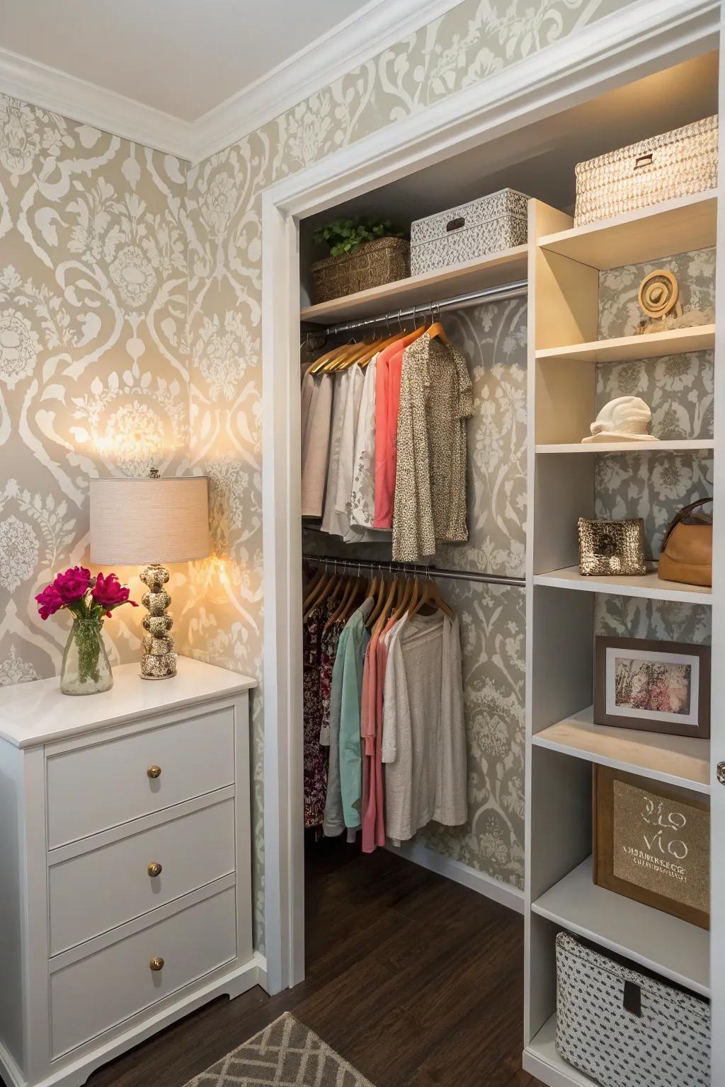 Decorative elements enrich the closet with character and a personal flair.