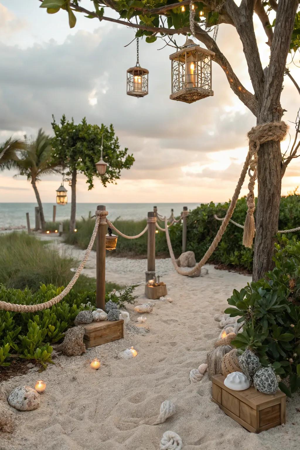 Seaside features such as ropes and lanterns evoke a coastal retreat.