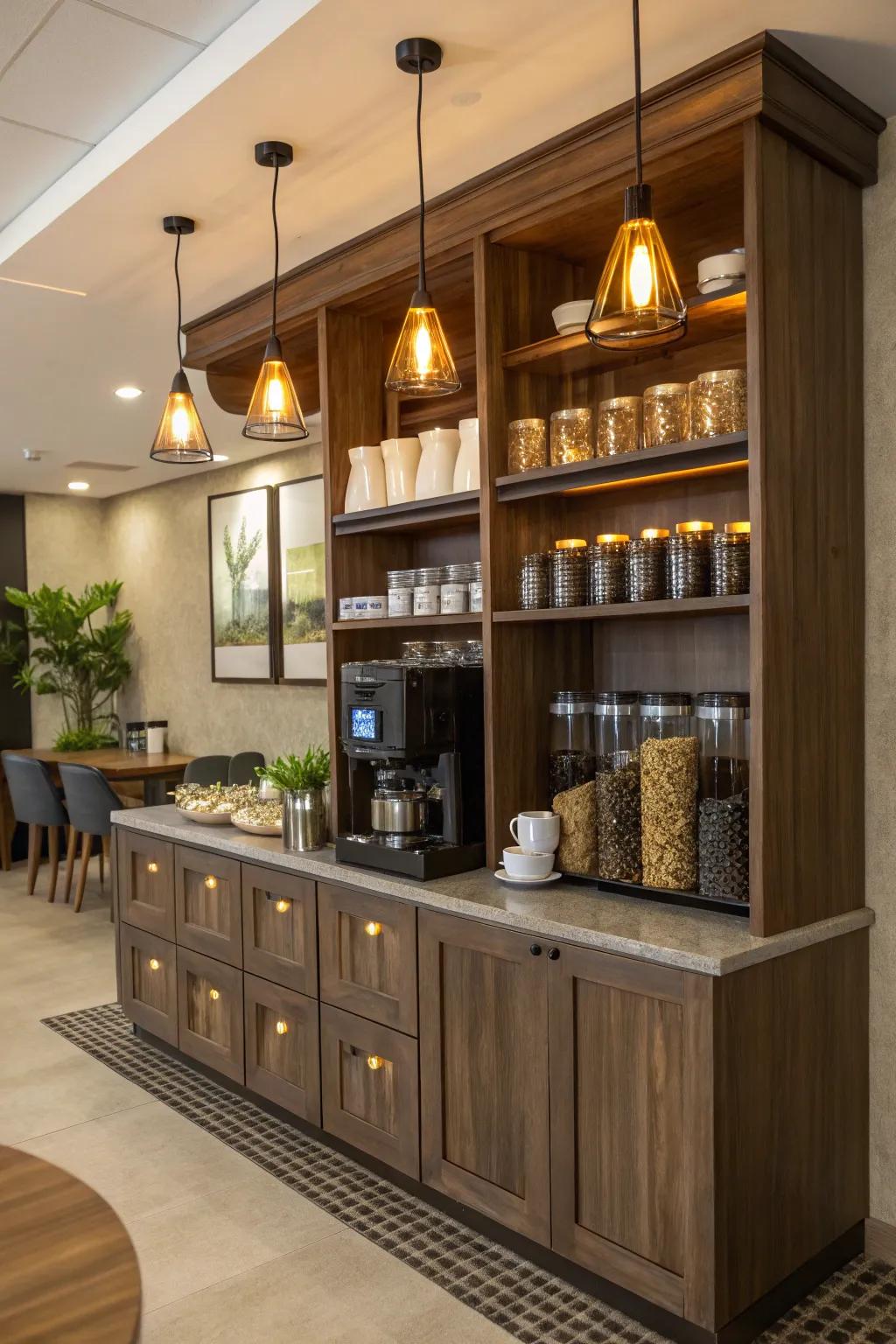 Ornamental luminescence introducing comfort to the coffee enclave.