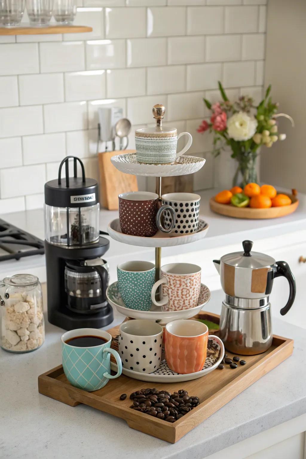 A multi-tiered stand adds visual appeal and function to the coffee bar.