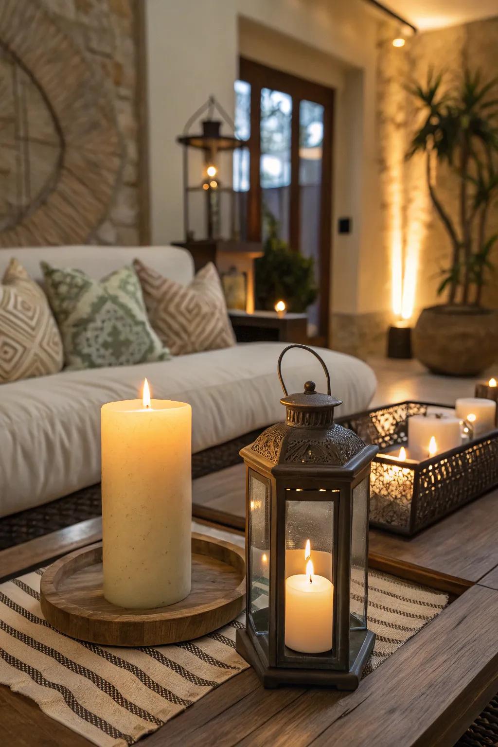 Luminaries and lanterns contribute warmth and a sense of peace to your living area.