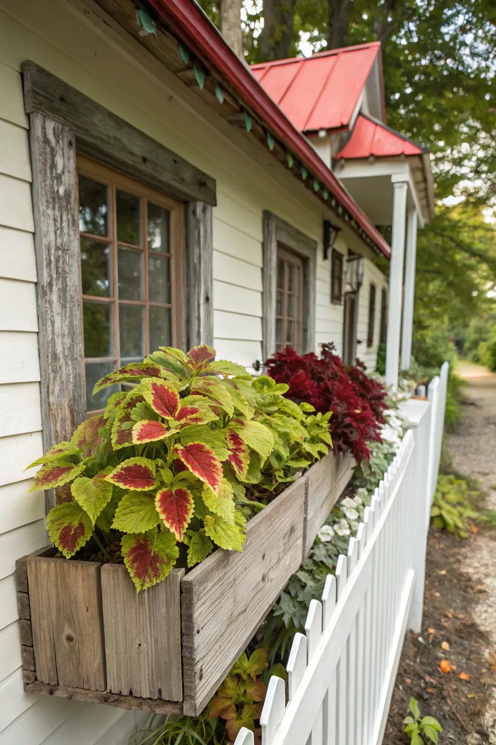 Weathered wood and vibrant Painted Nettle come together beautifully for charming curb appeal.