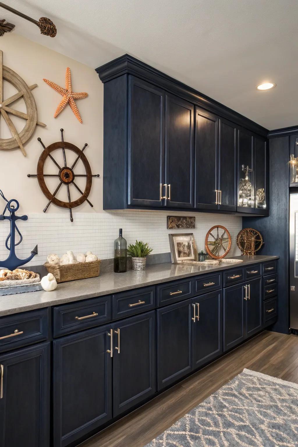 A kitchen featuring dark cabinets with coastal blue accents for a stylish seaside theme.