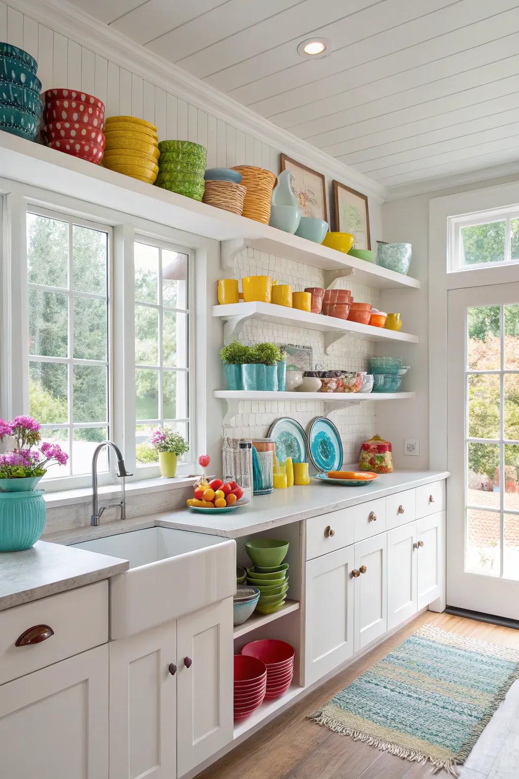 Exposed shelving featuring vibrant tableware introduces adaptability and appeal.